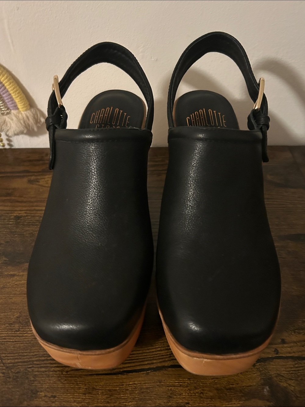Charlotte Stone Black Leather Platform Clogs with Tan Wood-Look Sole